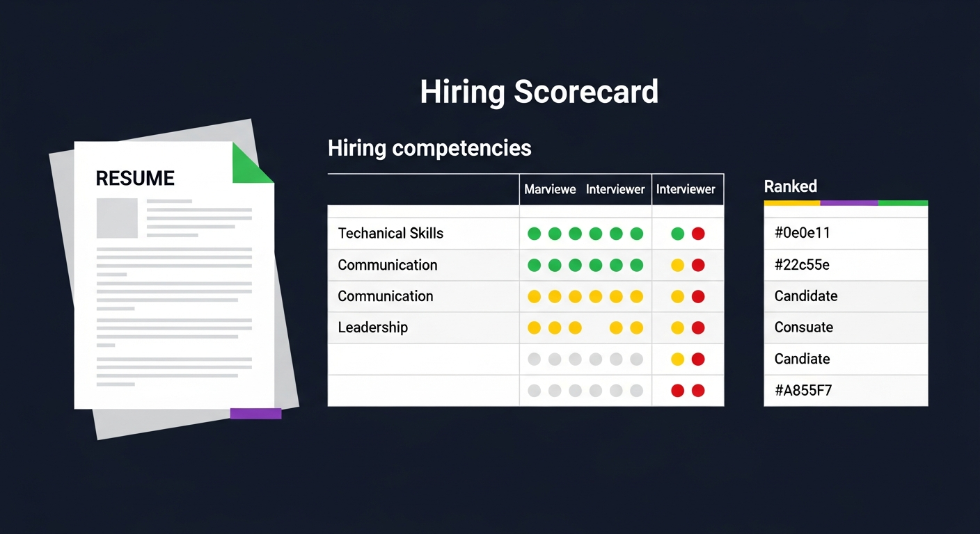 Diagram showing Greenhouse's scorecard system: a resume feeds into a competency grid where multiple interviewers rate the same attributes, producing a ranked candidate list