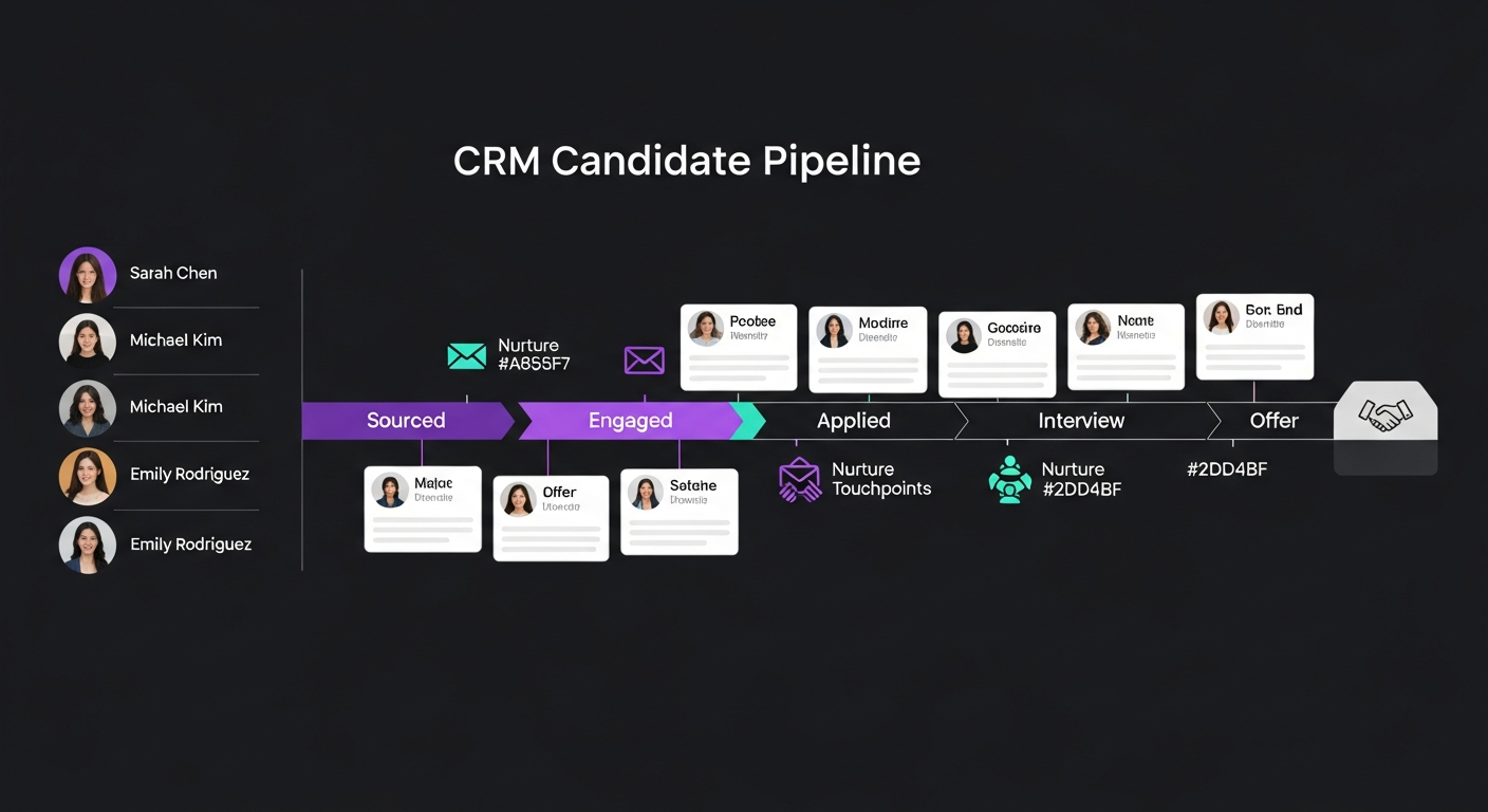 Diagram showing Lever's CRM candidate pipeline with stages from Sourced through Engaged, Applied, Interview, to Offer, with nurture touchpoints between stages
