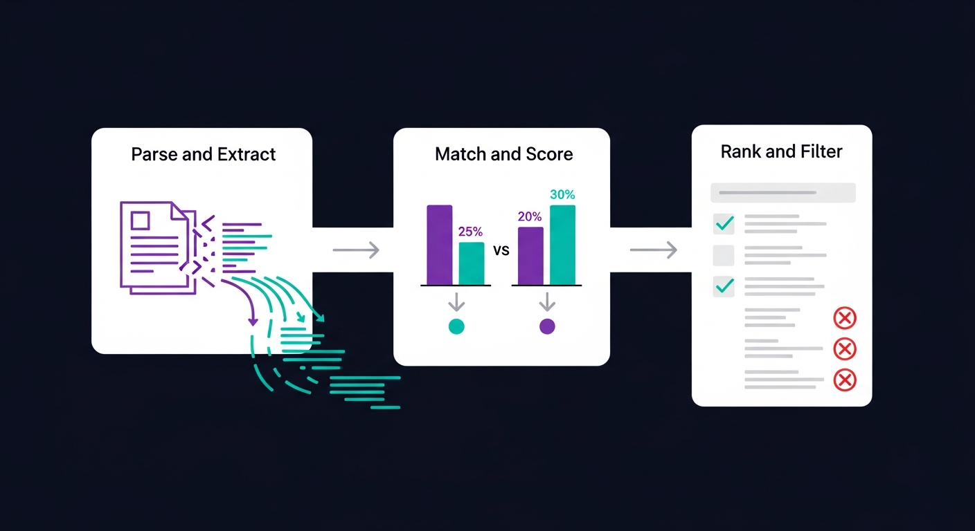 Diagram showing Workday's three screening phases: Parse and Extract, Match and Score, Rank and Filter