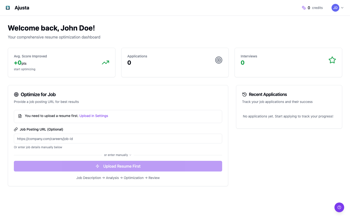 Ajusta Dashboard Showing 500 Credit Balance