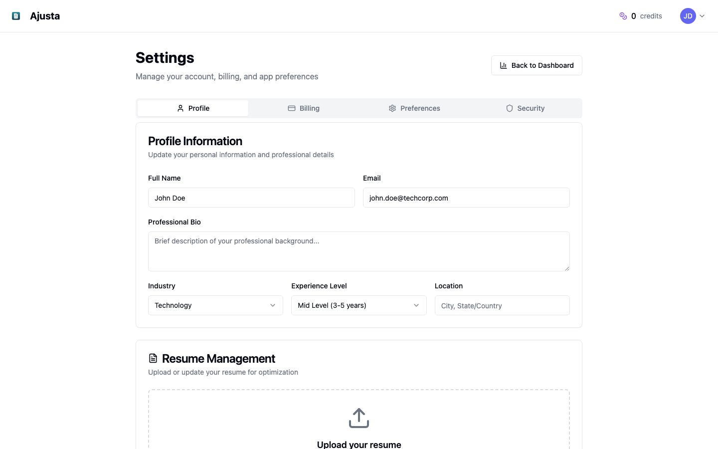 Resume Upload Interface with Drag and Drop Area